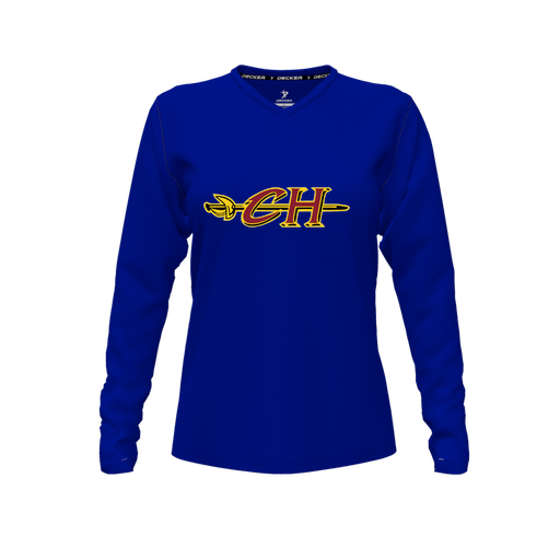 [FTLVCFRY-FYXS-LOGO1] Decker Comfort T-Shirt (Female Youth XS, Royal, V Neck, Logo 1, Long Sleeve)