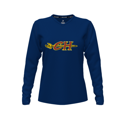 [CUS-DFW-TEES-PER-VNK-LSL-NVY-FYXS-LOGO1] Performance T-Shirt (Female Youth XS, Navy, V Neck, Logo 1, Long Sleeve)