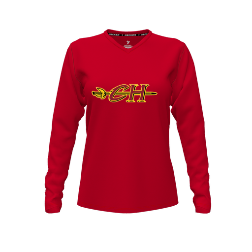 [CUS-DFW-TEES-PER-VNK-LSL-RED-FYXS-LOGO1] Performance T-Shirt (Female Youth XS, Red, V Neck, Logo 1, Long Sleeve)