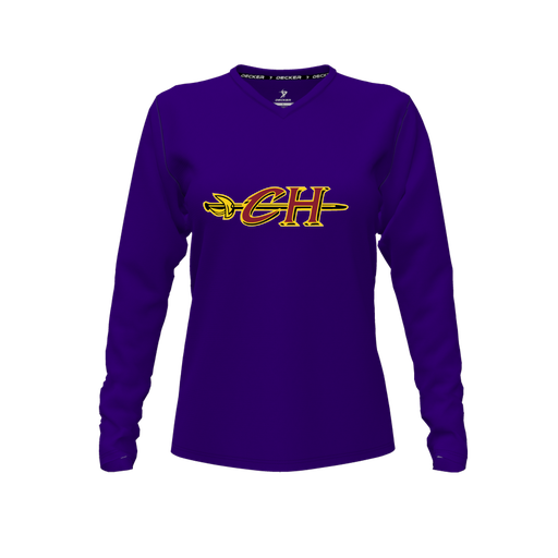 [FTLVPTPP-FYXS-LOGO1] Decker Performance T-Shirt (Female Youth XS, Purple, V Neck, Logo 1, Long Sleeve)